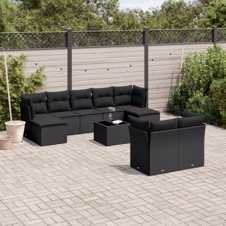 vidaXL Set Divani da Giardino 10 Pezzi in Polyrattan Nero con Cuscini e Tavolino da Esterno a Forma di U