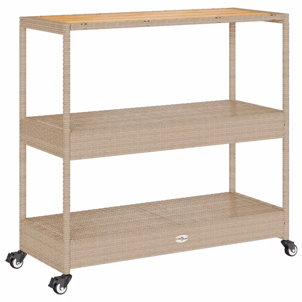 Carrello da Bar vidaXL a 3 Livelli in Polyrattan e Legno di Acacia Beige e Marrone con Ruote L 101,0 cm x P 40,0 cm x H 100,0 cm – 2