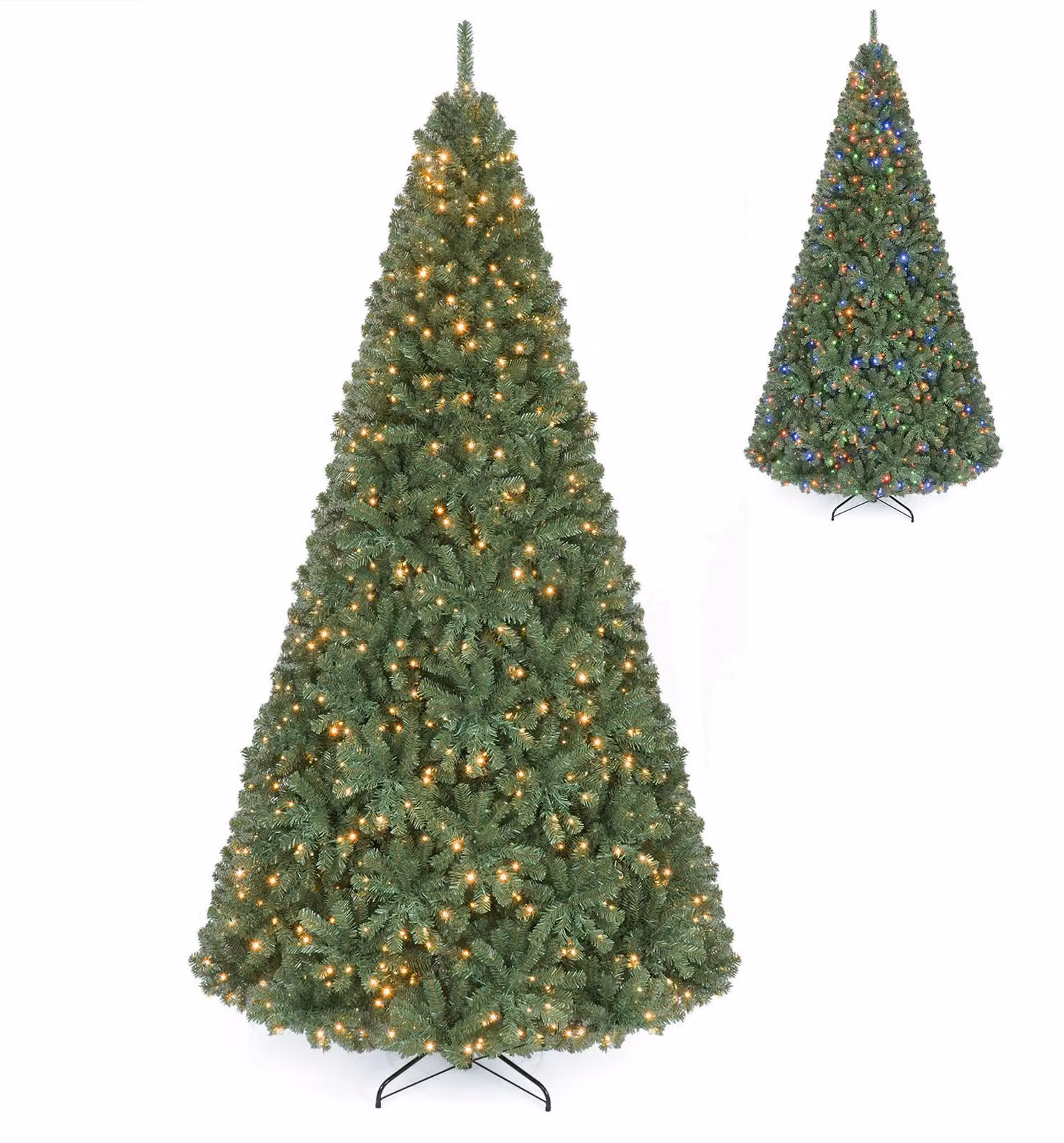 Albero di Natale artificiale COSTWAY, altezza 270 cm, con 2944 punte in PVC, luci a LED (1000), 2 colori di luce, 11 modalità di illuminazione e base in metallo. Albero di Natale verde