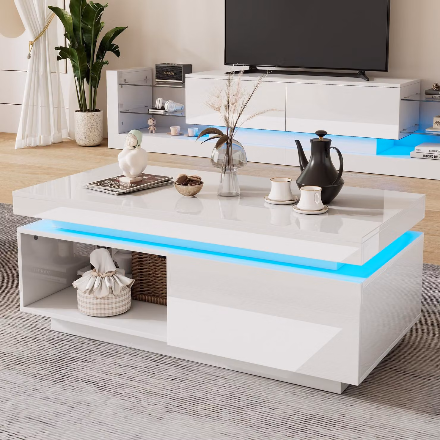 Sweiko Tavolino moderno lucido con illuminazione a LED, 100x50x40,3 cm - Elegante tavolino con cassetto e portata di 50 kg