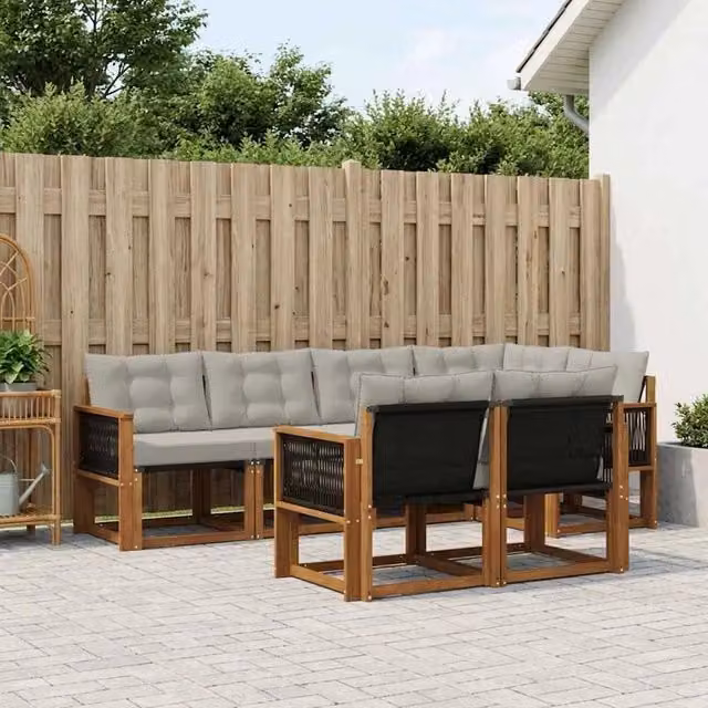 Set di divani da esterno a L vidaXL in legno di acacia con cuscini beige e grigi – 1