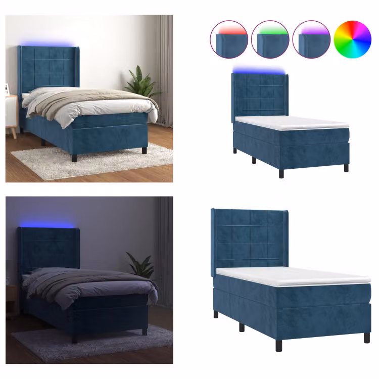 vidaXL Letto a molle con materasso e LED in velluto blu scuro 100x200 cm - Letto a molle - Boxspringbetten - Bett - Schlafzimmermöbel