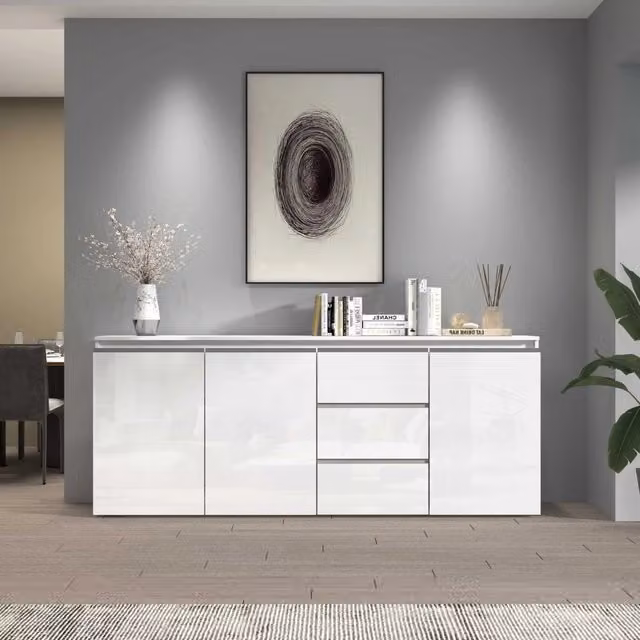 WHOUS Credenza a cassettiera Magic 3 ante e 3 cassetti bianco lucido 200x40x85 cm