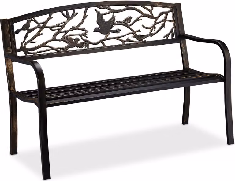 Panchina da giardino Relaxdays, motivo uccelli, 2 posti, stile vintage, giardino e balcone, acciaio, 87x127x57 cm, nero/bronzo