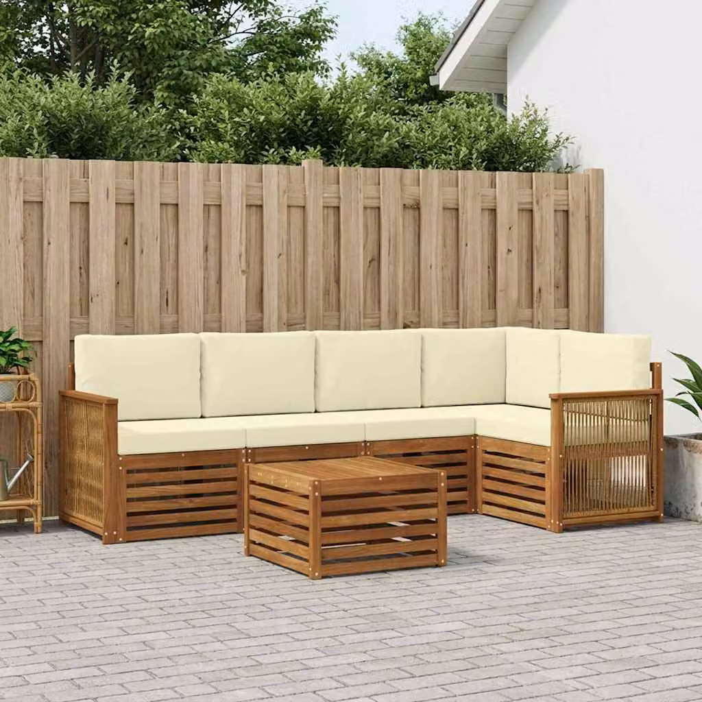 Set di divani da esterno vidaXL in legno di acacia con cuscini, composizione a L con tavolo da caffè, colore beige e bianco
