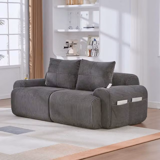Divano Modulare REDOM a 2 posti in Velluto a Costine Grigio L: 200 cm, P: 99 cm, H: 80 cm