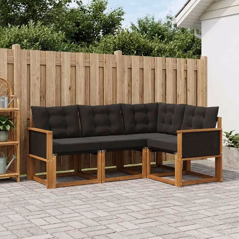 Set di divani da esterno vidaXL a forma di L composto da 4 pezzi in legno di acacia trattato e tessuto textilene, colore marrone e nero, con cuscini inclusi