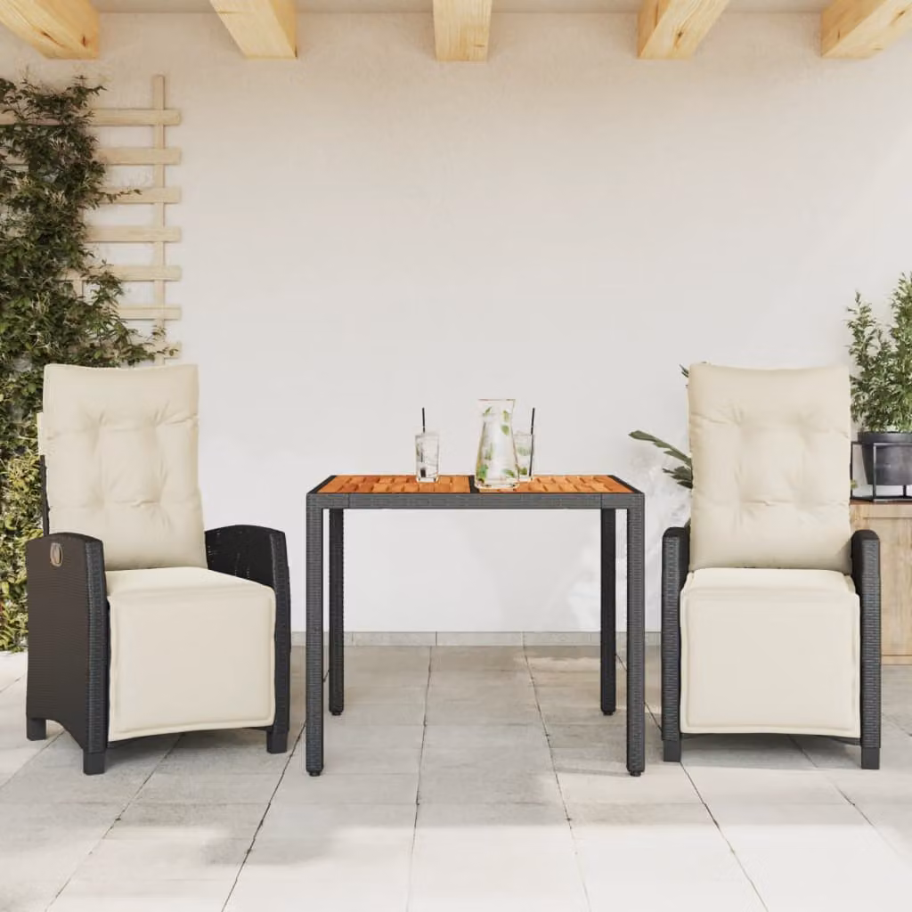 Set da pranzo da giardino vidaXL in polyrattan nero con cuscini e dettagli in legno di acacia