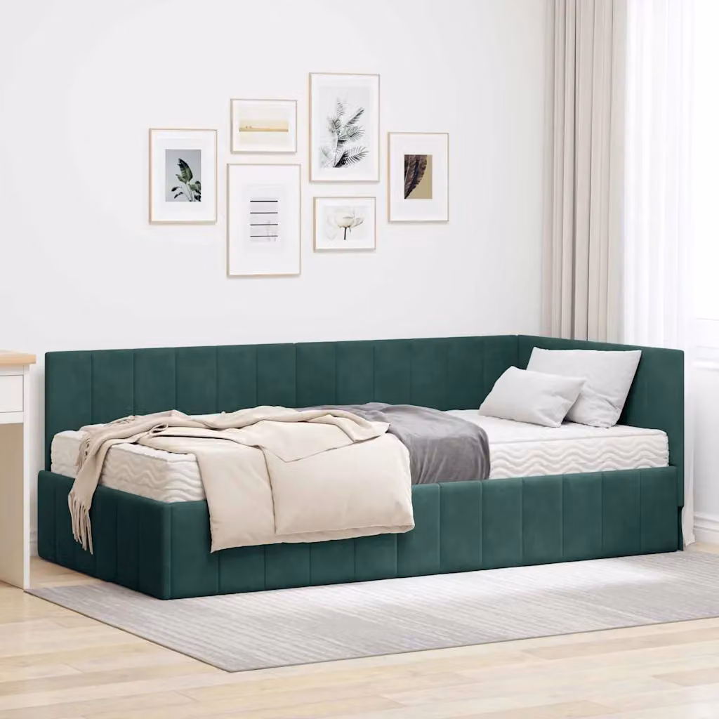 vidaXL Letto Angolare Moderno in Velluto Verde con 2 Materassi in Schiuma L/P/H: 204 x 140 x 104 cm