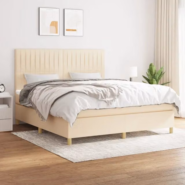 Letto Ibrido vidaXL con Giroletto a Molle e Materasso in Tessuto Beige e Bianco L/P/H: 160 x 200 x 128 cm