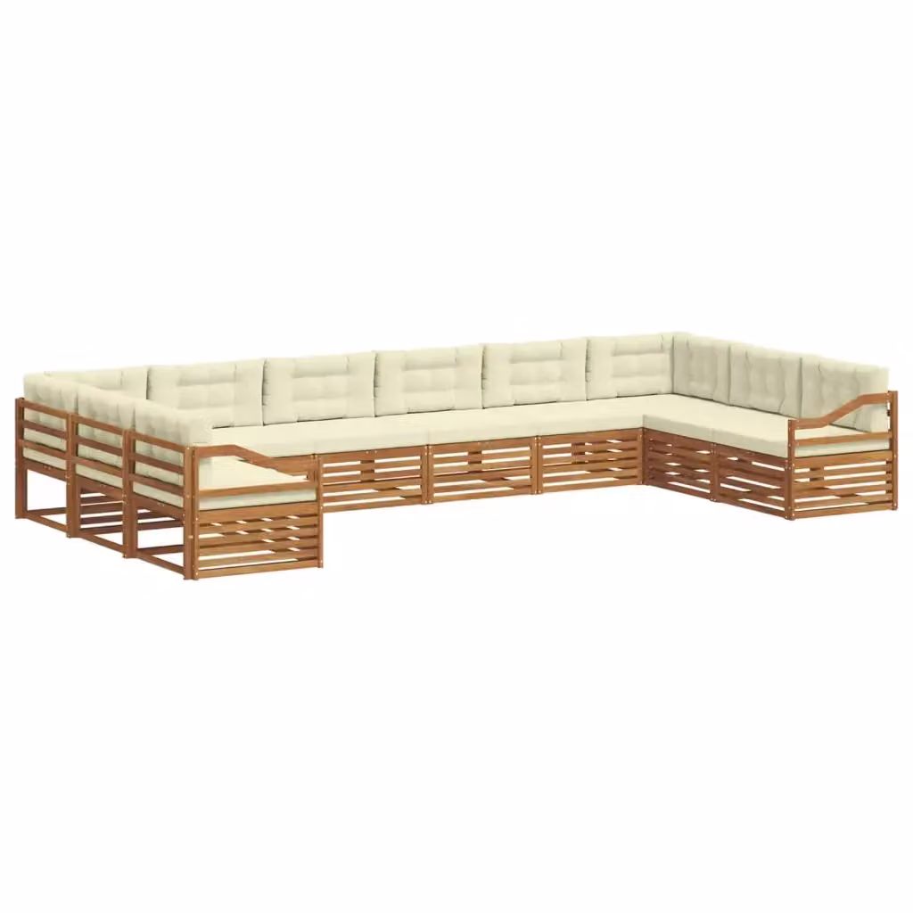 Set di divani da esterno vidaXL in legno di acacia massello con cuscini beige e bianchi, composizione a L con elemento angolare – 2
