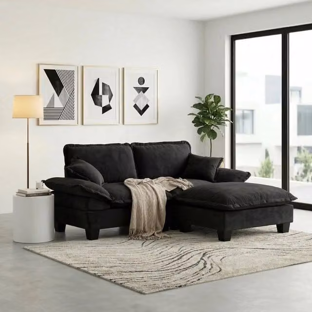 Divano 194x155x90 cm con modulo ottomano mobile e braccioli removibili in chenille nero
