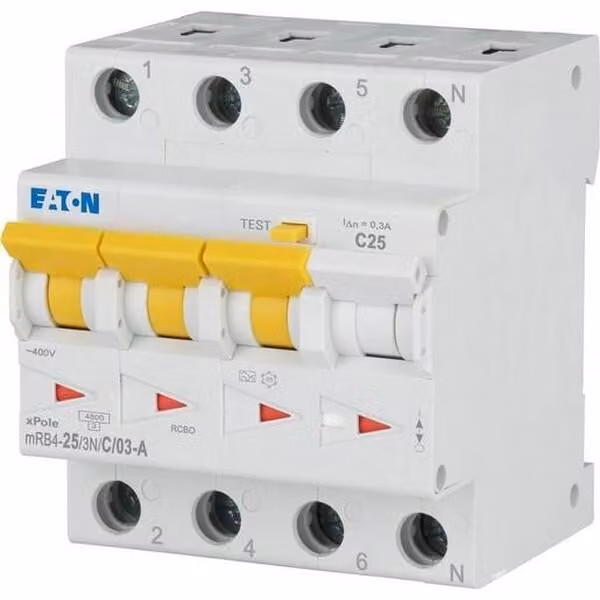 Combinazione interruttore differenziale/interruttore automatico Eaton, 25 A, 300 mA, caratteristica dell'interruttore automatico: C, 3fase+N, caratteristica dell'interruttore differenziale: A 120682
