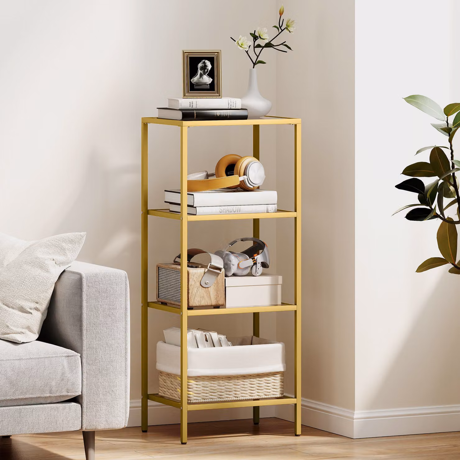 Mobiletto Scaffale HOMCOM a 4 Livelli Minimalista in Metallo e Vetro Temperato, Oro, L 40 cm x P 30 cm x H 96,5 cm – 2