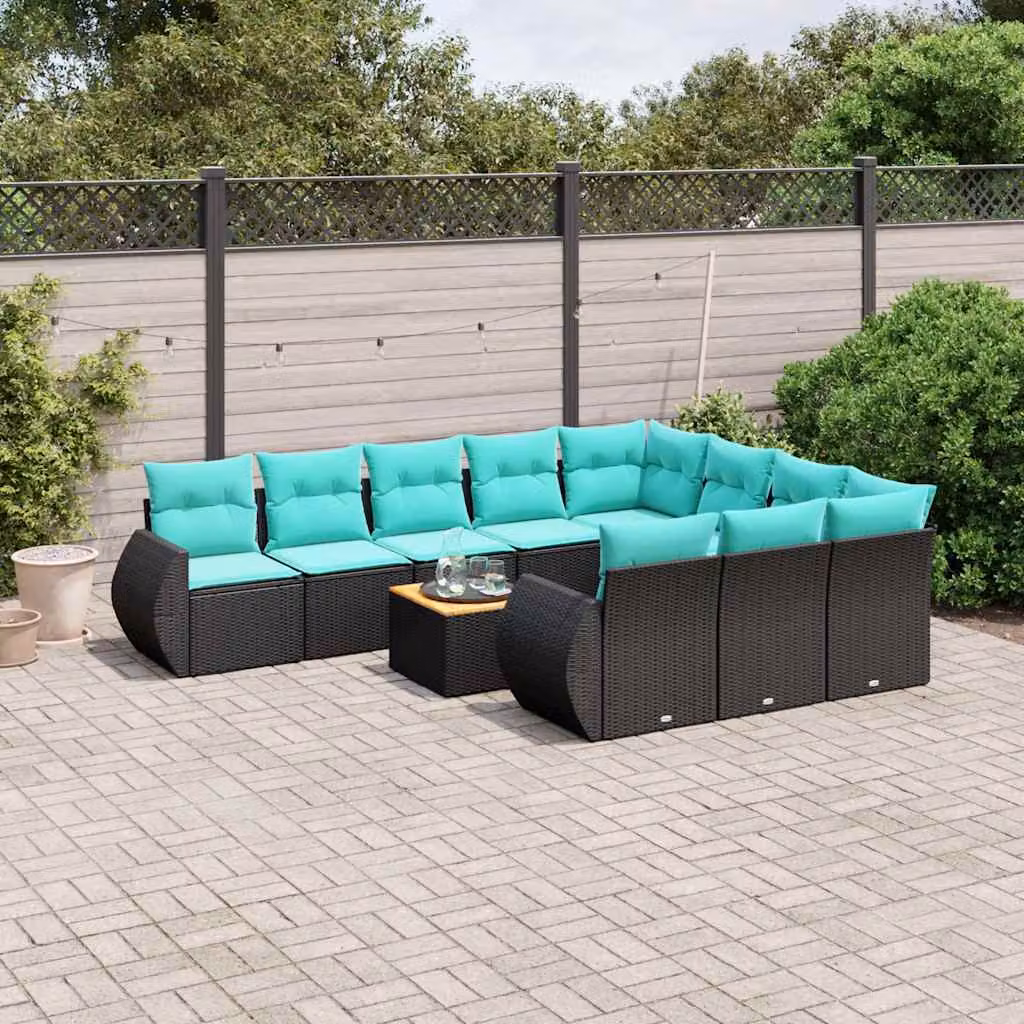 Set Divani da Giardino vidaXL 11 pz in Polyrattan Nero con Cuscini e Tavolino da Esterno a Forma di U