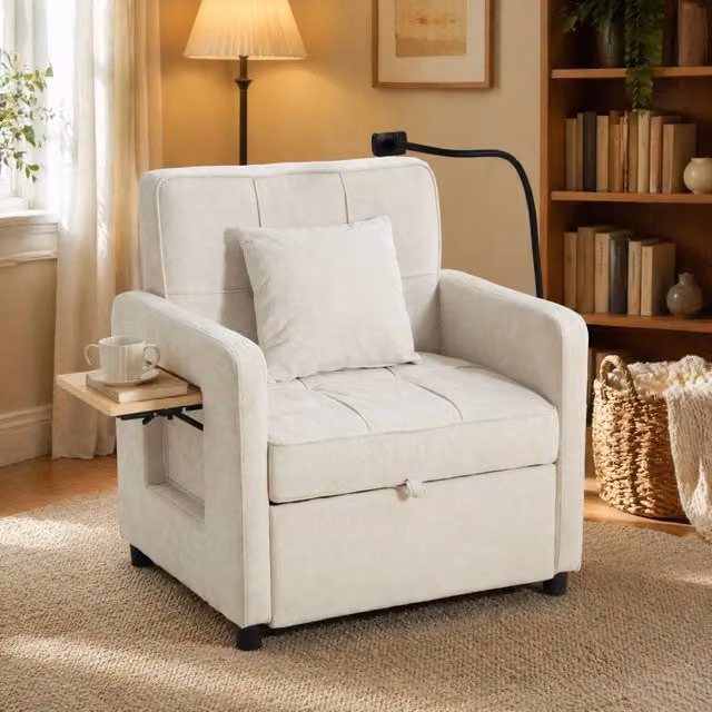 Divano letto 167x79x83 cm beige, schienale 5 posizioni, ciniglia con tavolino e vani