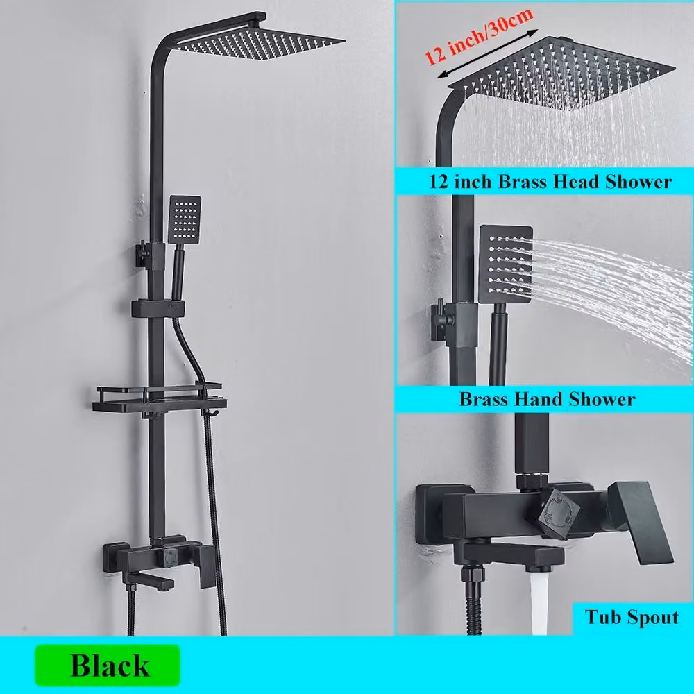 Sistema doccia a pioggia - Montaggio a parete - Soffione da 30 cm - Ripiano - Deviatore a 3 vie - Acciaio inossidabile 304 - Nero