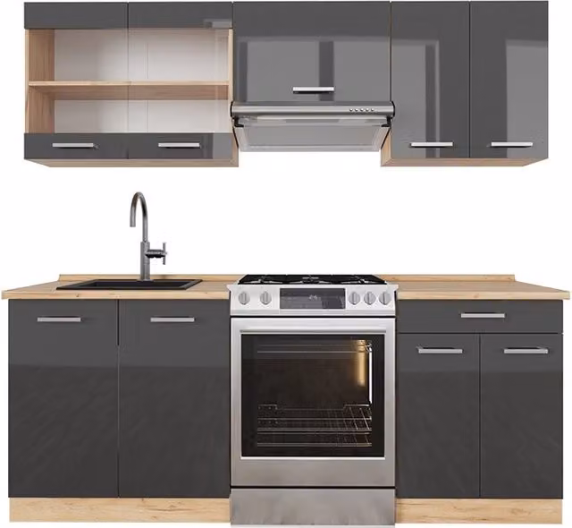 Cucina componibile R-Line Antracite lucido/Rovere dorato 200 cm senza piano di lavoro Vicco