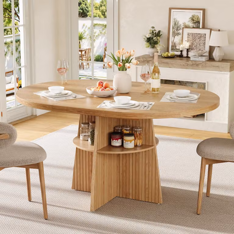Tavolo allungabile rotondo, con piano estensibile, superficie di appoggio integrata, tavolo da cucina per 2-8 persone, tavolo da pranzo, aspetto naturale