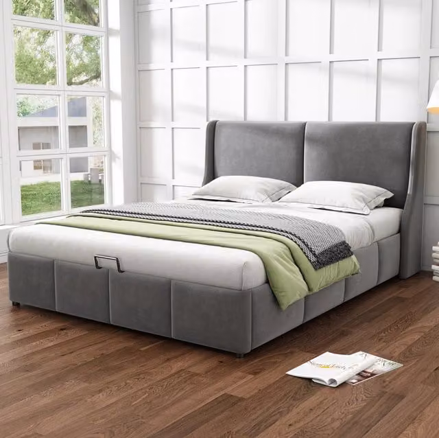 Letto matrimoniale 160x200 cm con contenitore; testiera a orecchie; velluto grigio (Senza materasso)