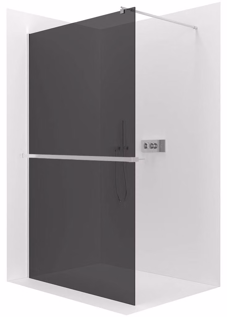 Pannello doccia walk-in Onyx Round, versione sinistra/destra - vetro da 8 mm + ripiano/portasciugamani - colonna rotonda - cromato, vetro grigio - 110x200 cm