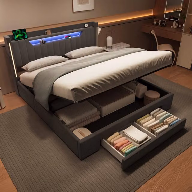 Letto matrimoniale imbottito 160x200 cm con LED; prese elettriche; stazione di ricarica e cassetti contenitore; velluto