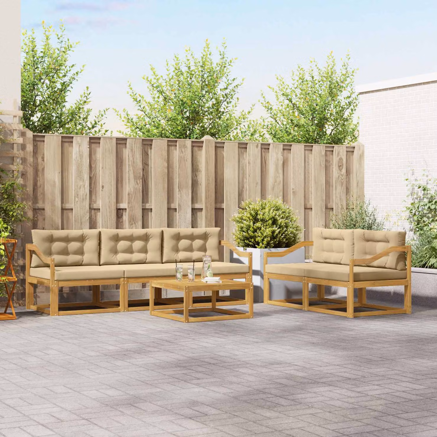 vidaXL Set di divani da esterno 6 pz in legno di acacia con cuscini Bianco e Beige