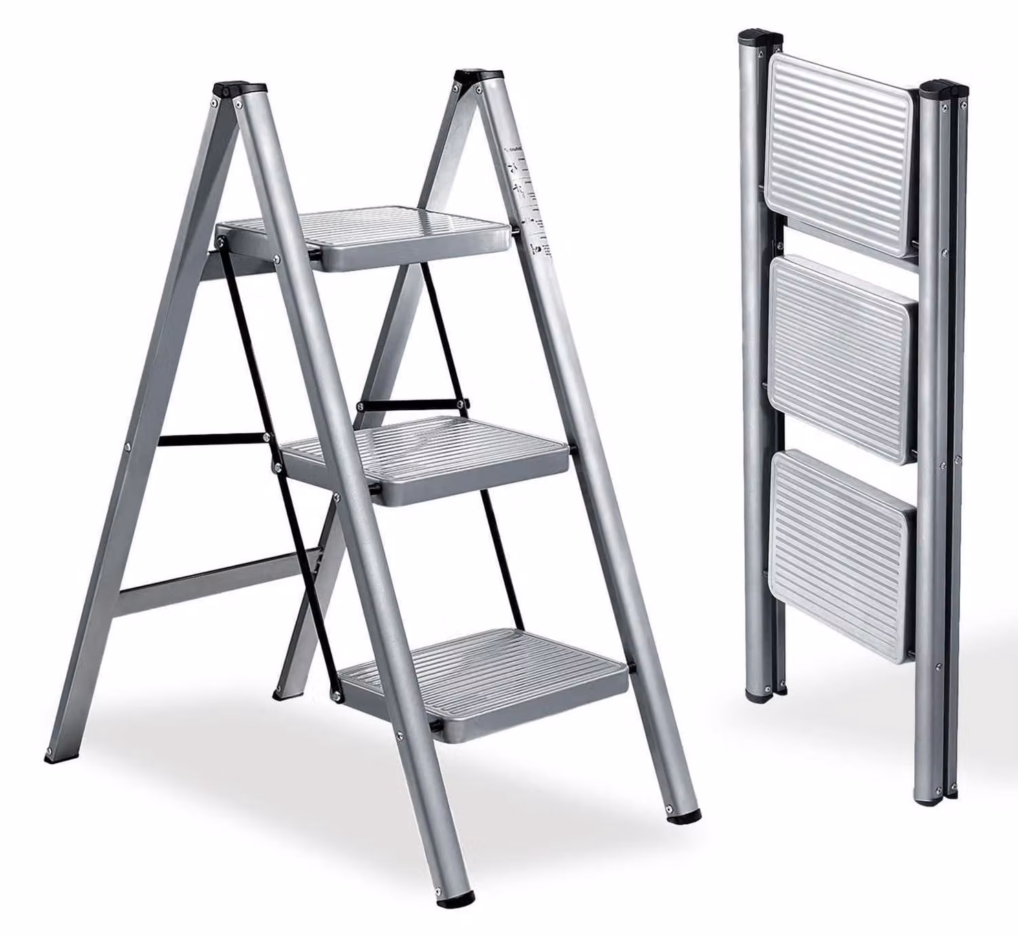 Scala pieghevole a 3 gradini, acciaio, portata massima 150 kg, colore grigio argento, dimensioni 42 x 70 x 83,7 cm