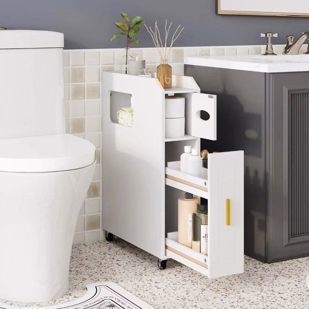 Mobiletto da bagno stretto e slim DESIGN IN Bianco con portascopino e ruote con freno L: 16 cm, H: 69 cm – 2