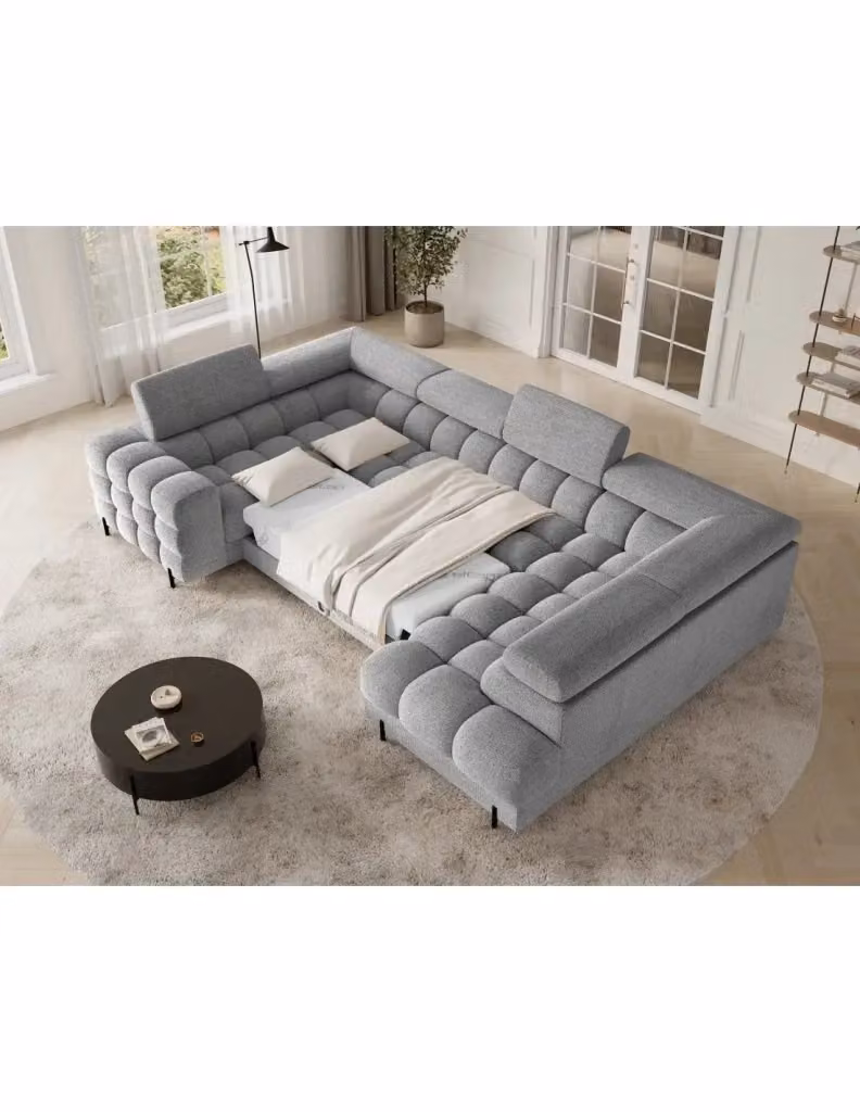 Divano panoramico convertibile FACTORY Meublorama a forma di U con angolo destro, colore grigio, con funzione letto, vano contenitore e coperture rimovibili, L: 346 cm x P: 93 cm x H: 205 cm – 2