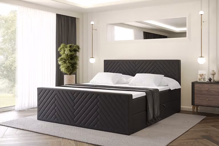 Letto boxspring ALTDECOR con materasso e rete a doghe, topper, letto imbottito con contenitore, letto con spazio contenitivo e materasso H3, letto matrimoniale, letto a cassettoni - VEXA-Z - 120x200 - Ecopelle nera