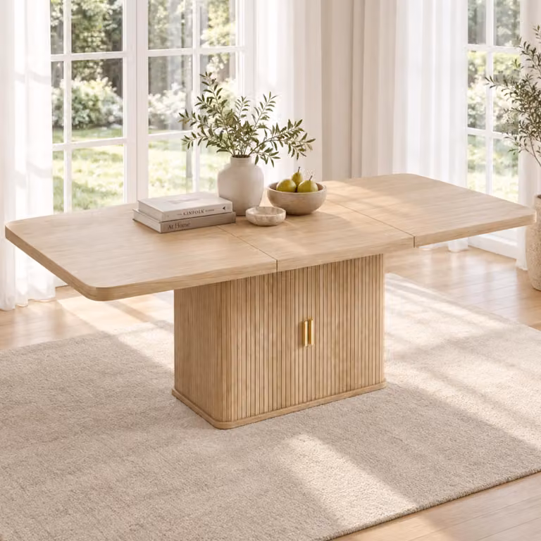 Tavolo da pranzo allungabile, dimensioni 150/200x90 cm, per 6-8 persone, con spazio contenitivo, finitura noce