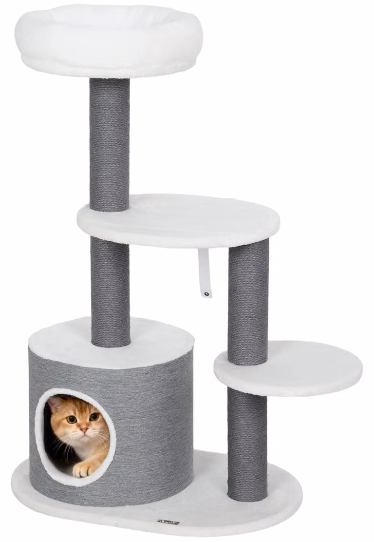 Tiragraffi per gatti - Torre da arrampicata - Altezza 98 cm - 3 livelli con cuccia - Legno - Tronchi da graffiare e superfici di riposo