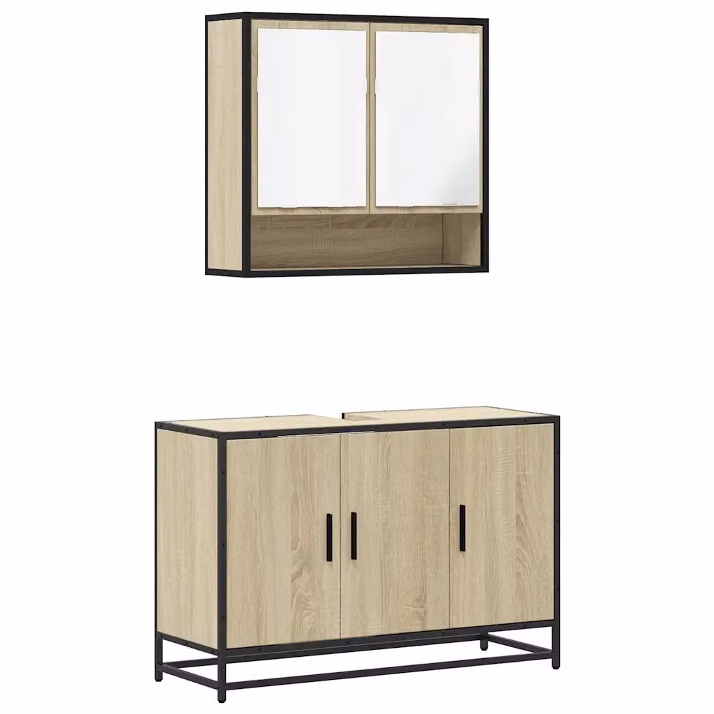 Set Mobili da Bagno vidaXL in Stile Industrial, Composto da Mobile Lavabo e Armadietto con Specchio, Colore Marrone, L/P/H: 90 x 33 x 60 cm – 2