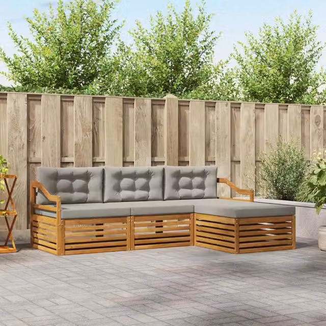 Set di divani da esterno a L con pouf vidaXL in legno di acacia, colore beige e grigio – 1