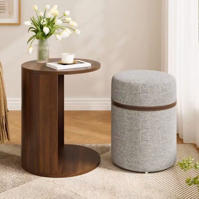 Tavolino rotondo con pouf integrato MODFU in MDF e legno di pino, colore marrone, L/P/H: 38 x 38 x 47,5 cm