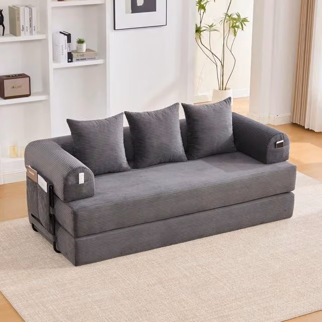 Divano 3 posti con cuscini ¨C Minimal ¨C grigio scuro, tessuto, struttura in metallo, con tasche laterali