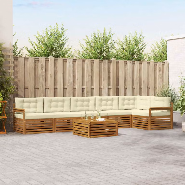 Set di divani da esterno vidaXL 7 pz in legno di acacia con cuscini beige e bianco per giardino e terrazza