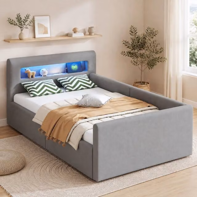 Letto imbottito per bambini 90x200 cm con LED; USB; contenitore idraulico e schienale reversibile; velluto grigio