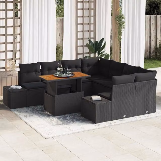 Set Divano da Giardino 9 pz Nero e Marrone 3349946