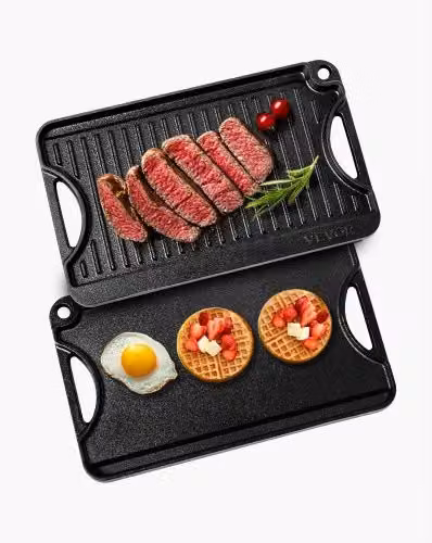 Piastra per cucina reversibile VEVOR in ghisa nera, padella rettangolare portatile con manico per piano cottura, L: 24,2 cm x P: 18,5 cm