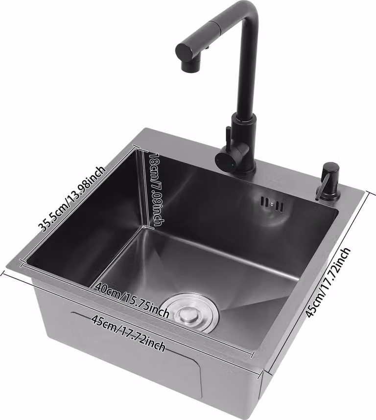 Lavello da cucina - Vasca singola - Acciaio inossidabile, 45×45×18 cm, quadrato, con rubinetto, 2 fori - Nero
