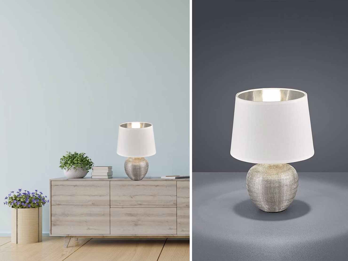 Lampada da tavolo in Vetroceramica LED alta 26 cm con paralume in tessuto Ø 18 cm in bianco/argento
