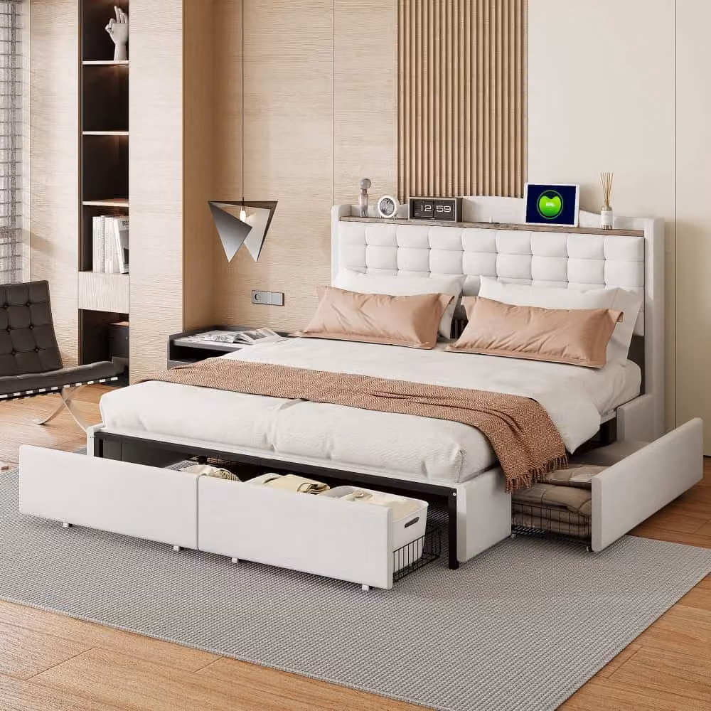 Letto imbottito AIORBER, 160x200 cm, tessuto di lino, con ripiani, ampio spazio di archiviazione, struttura in metallo, con porta di ricarica USB, 4 cassetti, letto matrimoniale, beige