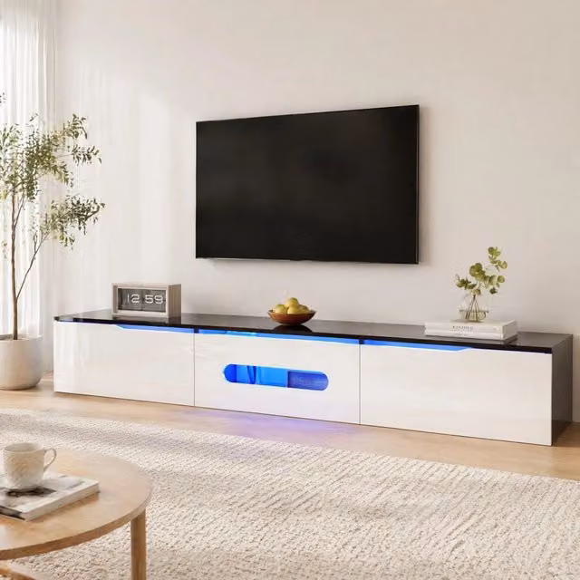 Mobile TV nero e bianco 180 cm con LED multicolore, finitura lucida, montaggio a parete o a terra