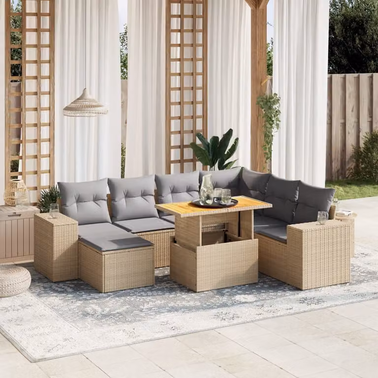 vidaXL Set Divano da Giardino a L da 8 Pezzi con Cuscini Beige e Struttura in Acciaio e Legno di Acacia