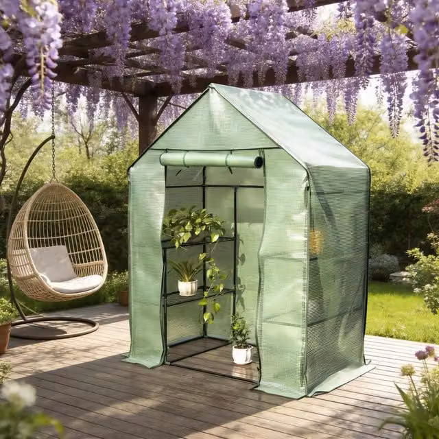 Serra da giardino ULEVR 143x215x195 cm con telo verde e porta con zip, struttura in acciaio