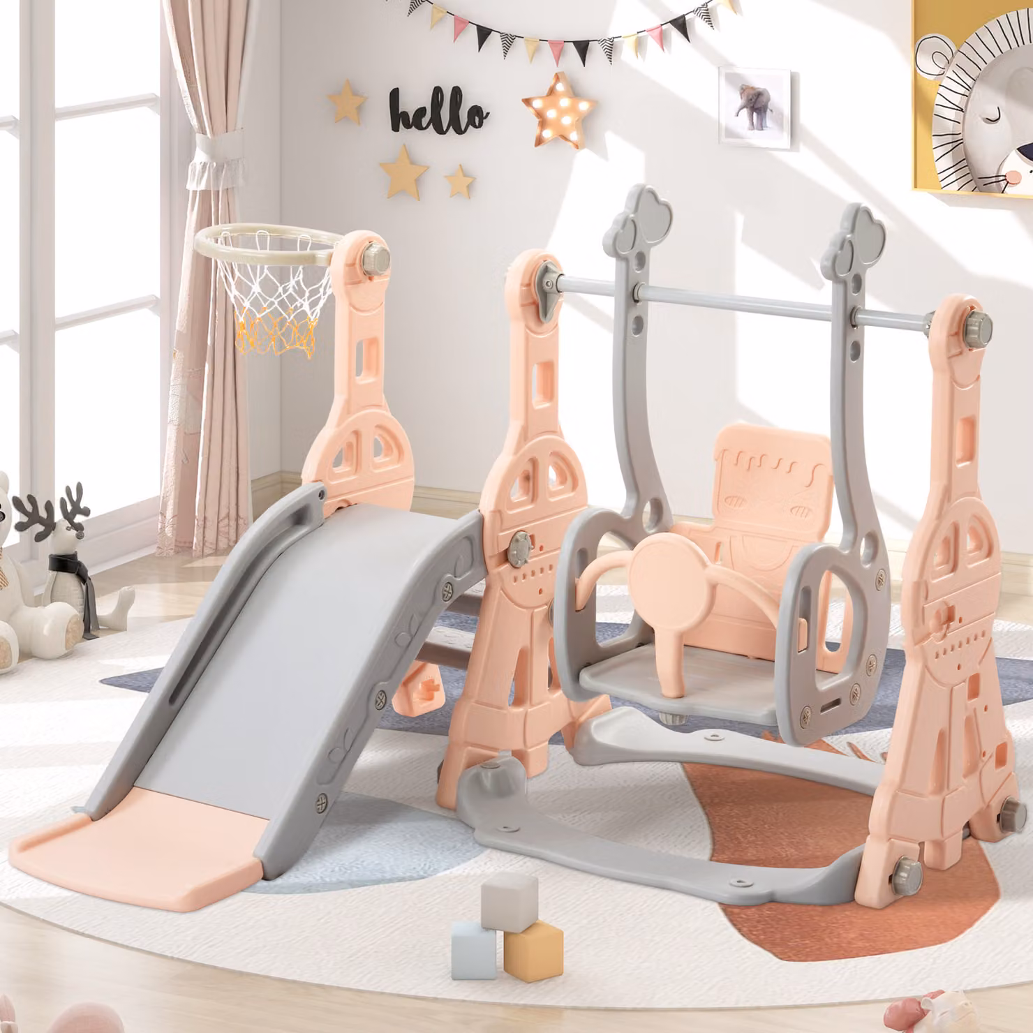 Scivolo per bambini, altalena scivolo 4 in 1 con canestro da basket, scaletta da arrampicata, scivolo da giardino per interni ed esterni
