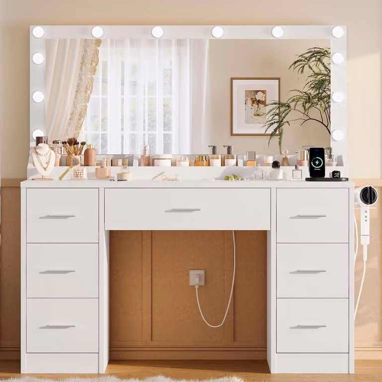 Comò da trucco con specchio a LED, presa di corrente, 7 cassetti, bianco
