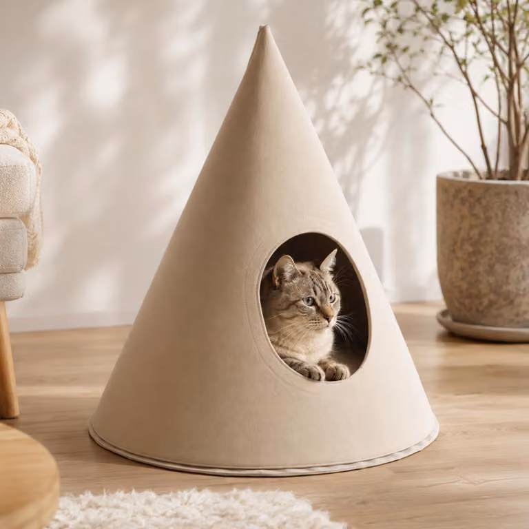 Cuccia HWC-Q62 per cani/gatti, cestino per gatti/cani a forma di cono, realizzata in tessuto (260g/m²) e feltro, dimensioni 60x53x53 cm, colore beige